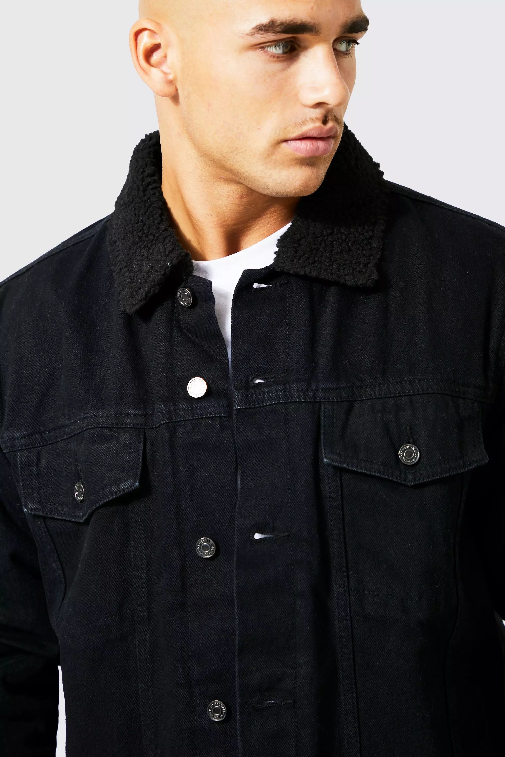 Black denim jacket with borg clearance lining